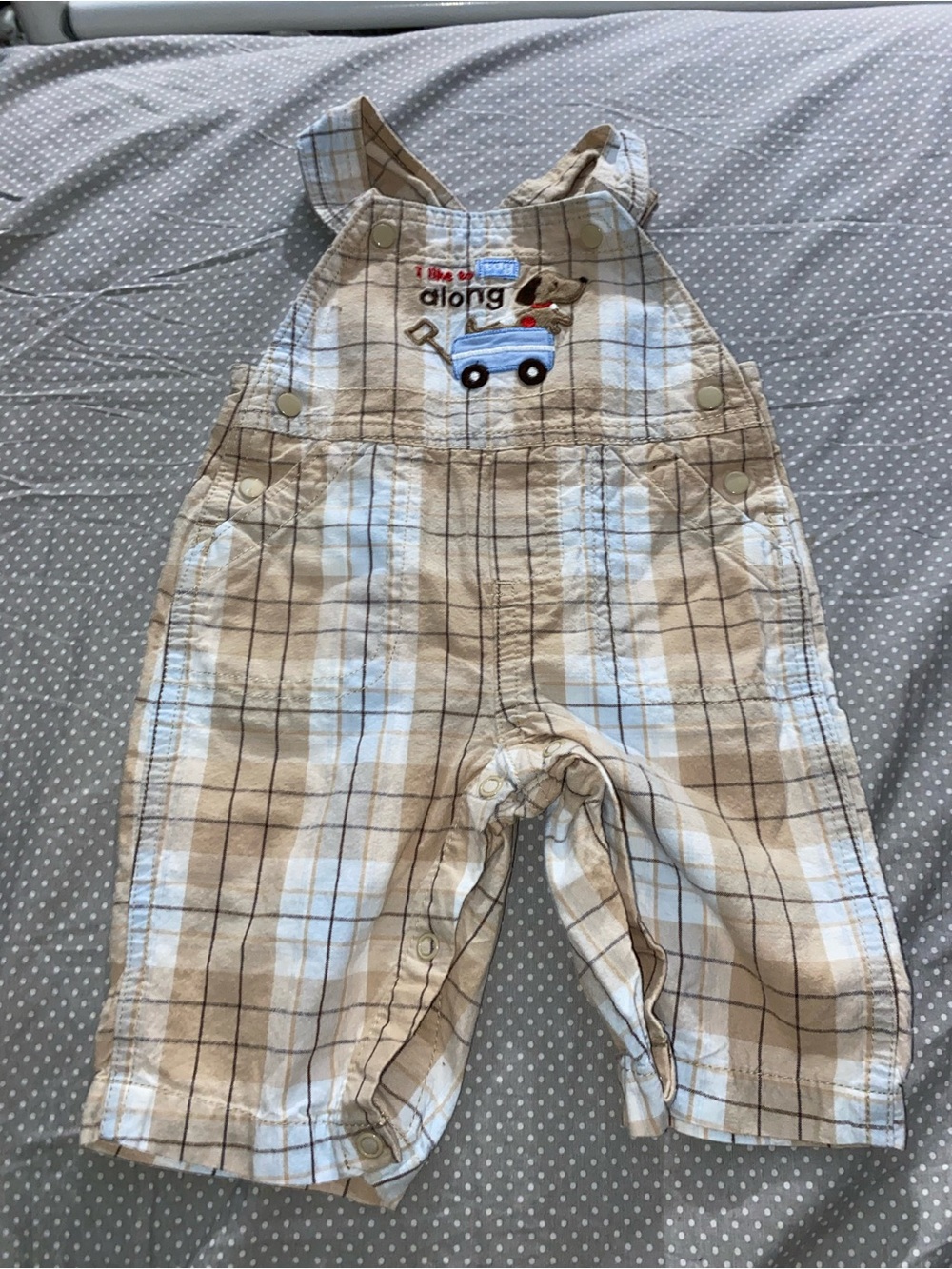 Carter's Beige and White Plaid Overalls with dog Car Embroidery